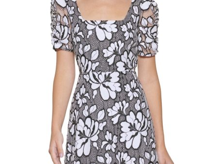 KENSIE Womens White Zippered Lined Floral Pouf Sleeve Square Neck Short Party Fit + Flare Dress Supply