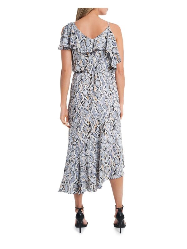 VINCE CAMUTO Womens White Lined Adjustable Flutter Sleeve Ruffed Overlay Printed V Neck Tea-Length Sheath Dress Online now