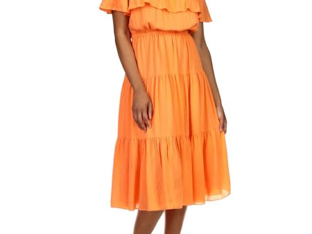 MICHAEL KORS Womens Orange Stretch Flutter Sleeve Off Shoulder Midi Party Peasant Dress For Cheap