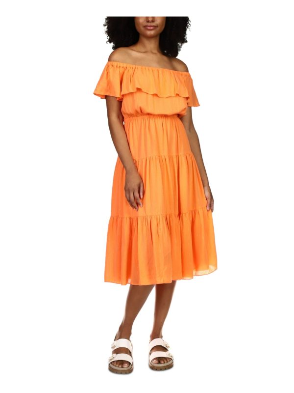 MICHAEL KORS Womens Orange Stretch Flutter Sleeve Off Shoulder Midi Party Peasant Dress For Cheap