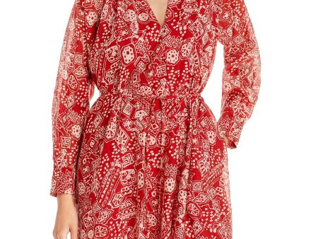 REBECCA TAYLOR Womens Red Pocketed Sheer Tie Pullover Lined Pleated Printed Cuffed Sleeve V Neck Short Fit + Flare Dress Sale