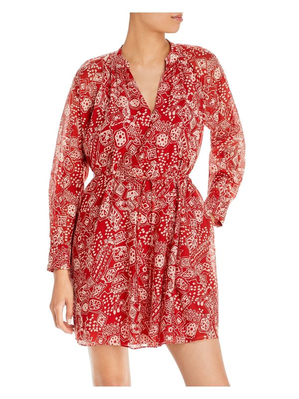 REBECCA TAYLOR Womens Red Pocketed Sheer Tie Pullover Lined Pleated Printed Cuffed Sleeve V Neck Short Fit + Flare Dress Sale