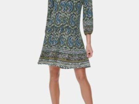 TOMMY HILFIGER Womens Stretch Paisley 3 4 Sleeve Tie Neck Above The Knee Wear To Work Fit + Flare Dress Discount