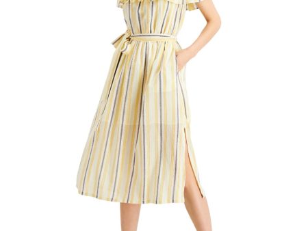 MICHAEL MICHAEL KORS Womens White Ruffled Slitted Tie Lined Striped Short Sleeve Off Shoulder Below The Knee A-Line Dress Fashion