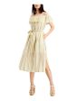 MICHAEL MICHAEL KORS Womens White Ruffled Slitted Tie Lined Striped Short Sleeve Off Shoulder Below The Knee A-Line Dress Fashion