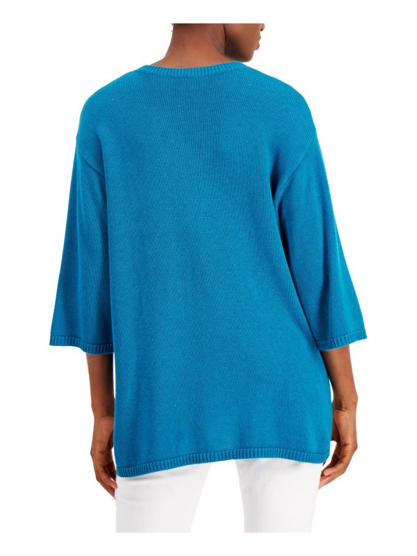 EILEEN FISHER Womens Teal Ribbed Knit Drop-shoulder 3 4 Sleeve Crew Neck Hi-Lo Sweater Online Sale