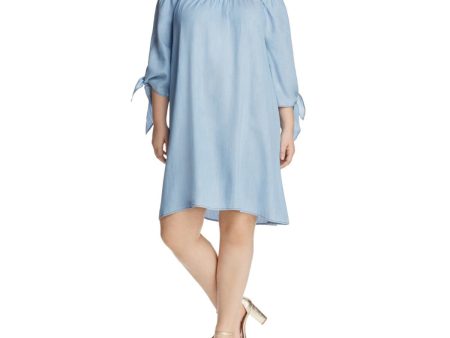 COLLECTION BY BOBEAU Womens Blue Tie Chambray 3 4 Sleeve Off Shoulder Below The Knee Shift Dress Sale