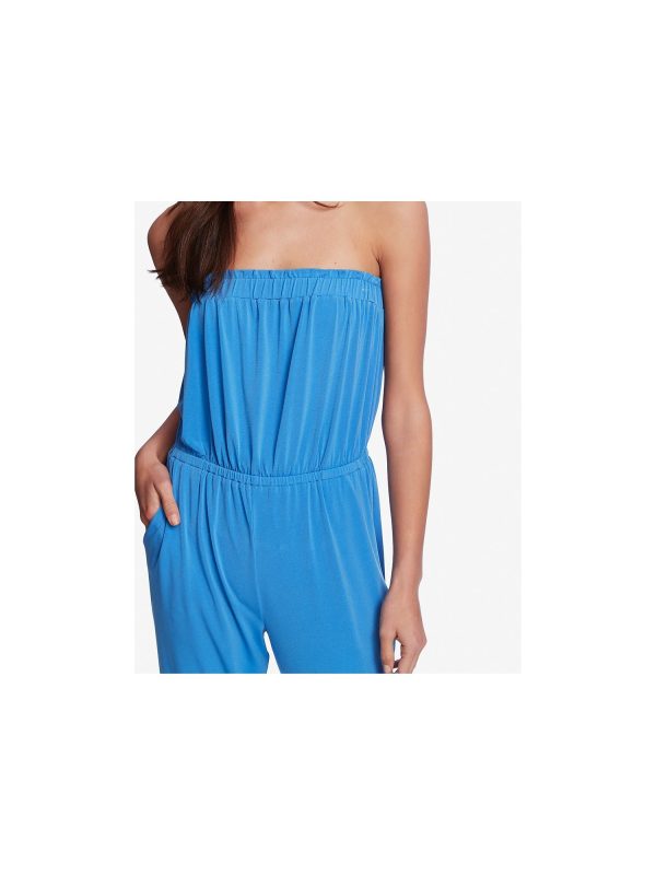 1. STATE Womens Blue Stretch Pocketed Ruffled Cinched-waist Sleeveless Strapless Straight leg Jumpsuit Online Sale