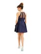 SPEECHLESS Womens Navy Stretch Zippered Pleated Illusion Back Spaghetti Strap V Neck Mini Prom Fit + Flare Dress Fashion