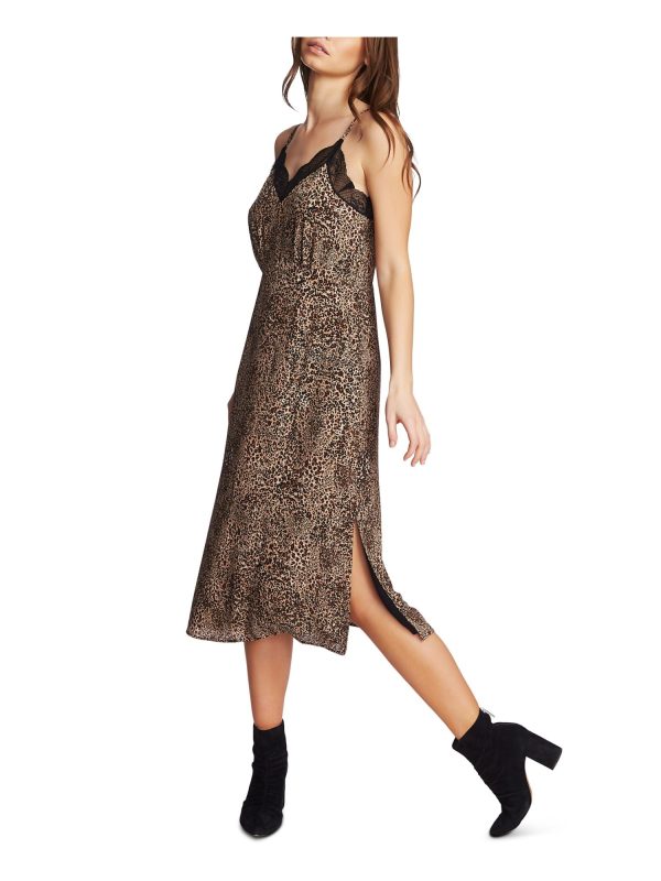 1. STATE Womens Brown Lace Animal Print Spaghetti Strap V Neck Maxi Party Shift Dress Hot on Sale