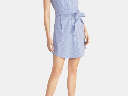 RACHEL RACHEL ROY Womens Blue Cotton Belted Striped Sleeveless V Neck Mini Sheath Dress Online