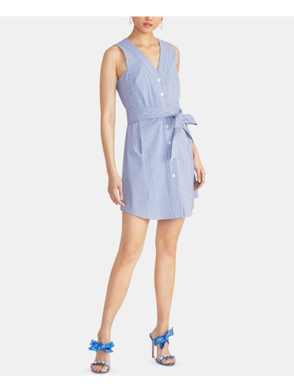 RACHEL RACHEL ROY Womens Blue Cotton Belted Striped Sleeveless V Neck Mini Sheath Dress Online