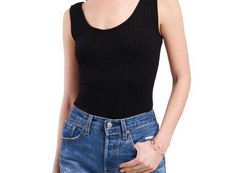 1. STATE Womens Black Stretch Ribbed Scoop Back Snap Closure Gusset Sleeveless Scoop Neck Body Suit Top Online