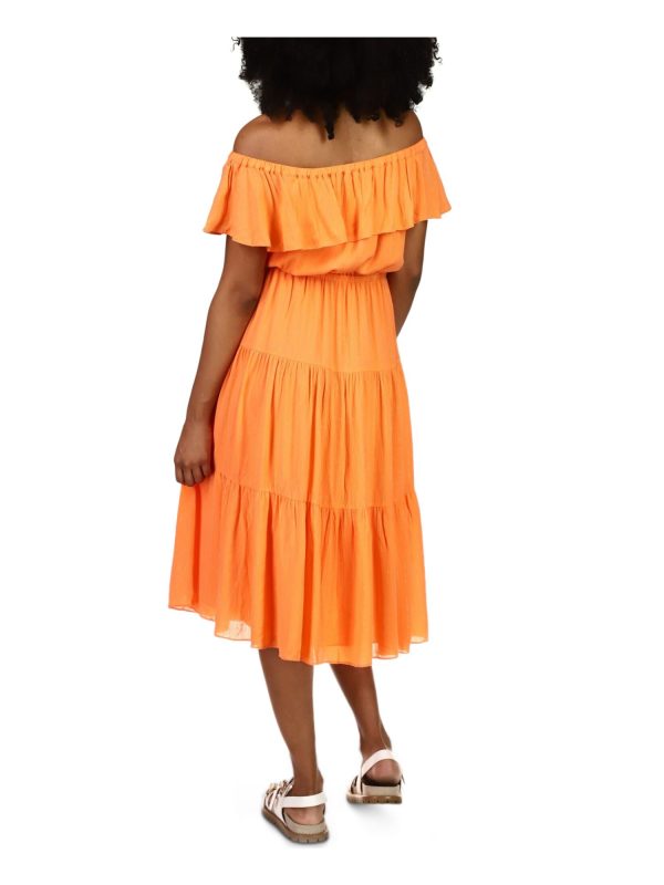 MICHAEL KORS Womens Orange Stretch Flutter Sleeve Off Shoulder Midi Party Peasant Dress For Cheap