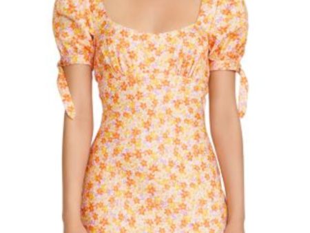 SIGNIFICANT OTHER Womens Orange Zippered Pleated Tie Cuffs Floral Pouf Sleeve Sweetheart Neckline Mini Empire Waist Dress For Sale