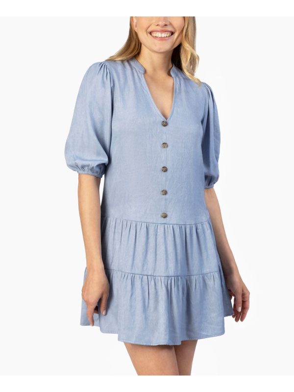 SPEECHLESS Womens Pleated Pouf Sleeve V Neck Mini Shirt Dress Online