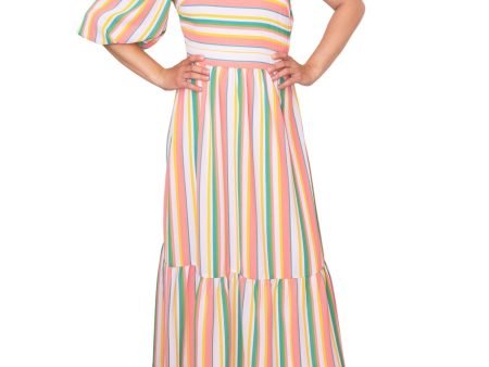 RACHEL RACHEL ROY Womens White Zippered Tiered Hem Lined Striped Pouf Sleeve Asymmetrical Neckline Maxi Fit + Flare Dress Sale