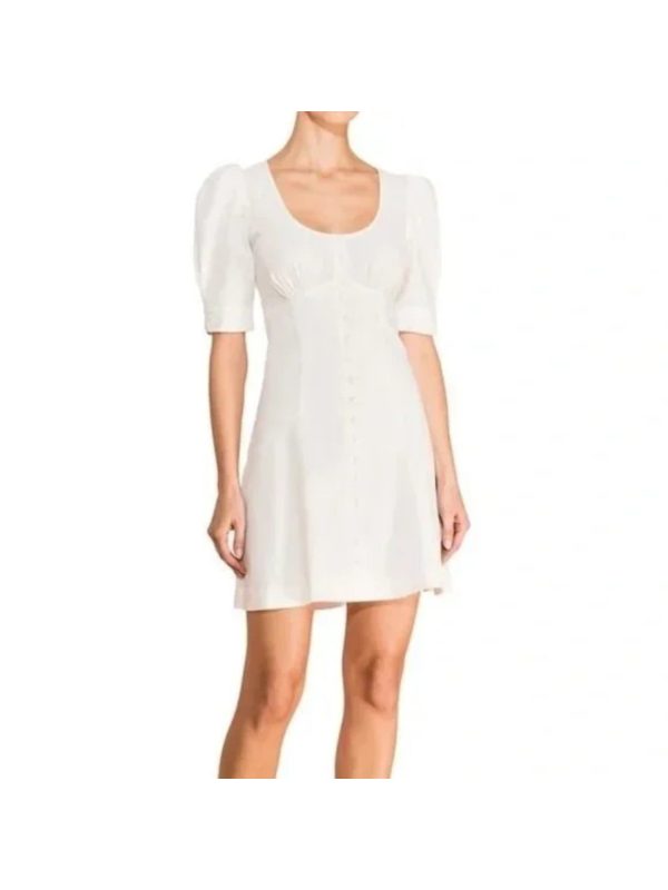 PARKER Womens Ivory Zippered Ruched Lined Skirt Sheer Button Detail Short Sleeve Scoop Neck Above The Knee Empire Waist Dress Online