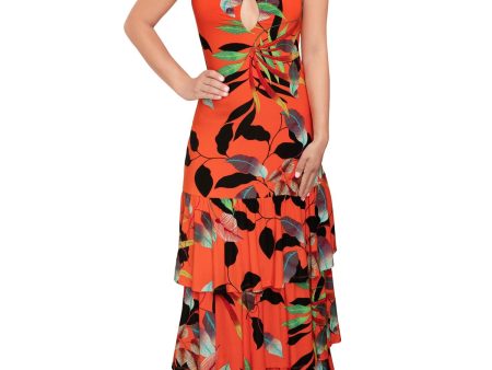 RACHEL RACHEL ROY Womens Orange Tie Printed Spaghetti Strap V Neck Maxi Sheath Dress on Sale