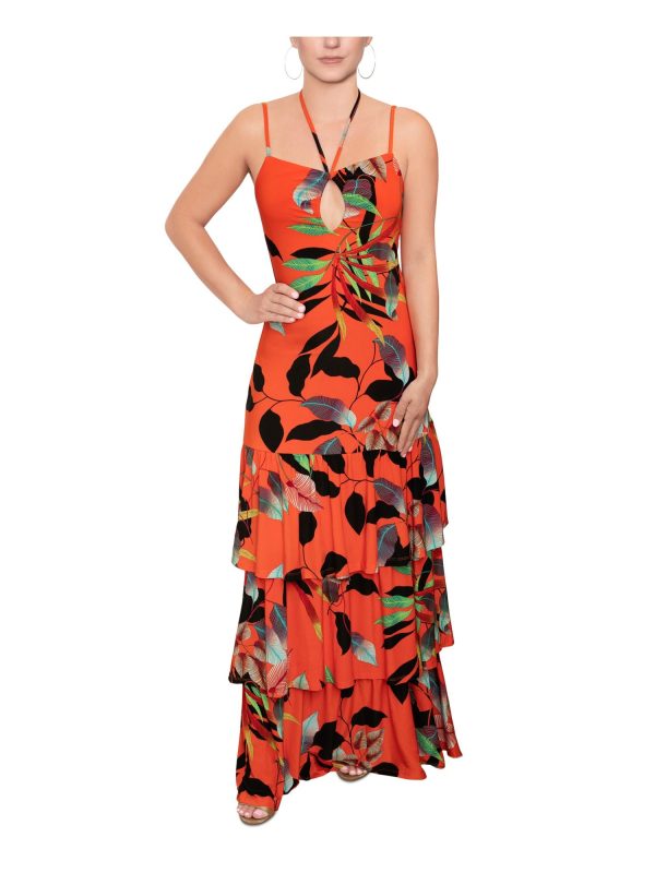 RACHEL RACHEL ROY Womens Orange Tie Printed Spaghetti Strap V Neck Maxi Sheath Dress on Sale