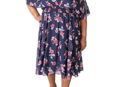 SIGNATURE BY ROBBIE BEE Womens Navy Smocked Sheer Floral Elbow Sleeve Surplice Neckline Midi Party Fit + Flare Dress For Sale