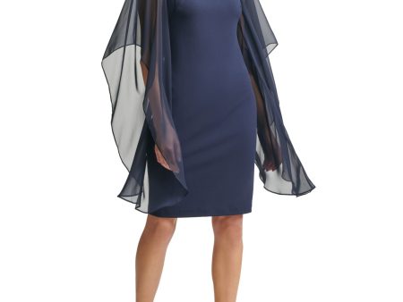 VINCE CAMUTO Womens Navy Stretch Zippered Fitted Draped Scuba-Crepe Flutter Sleeve Cowl Neck Knee Length Evening Sheath Dress Cheap