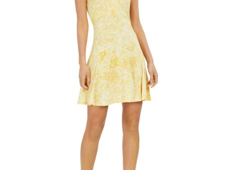 MICHAEL MICHAEL KORS Womens Yellow Zippered Gathered Crossover Neckline Godet Insets Paisley Sleeveless Short Fit + Flare Dress Discount