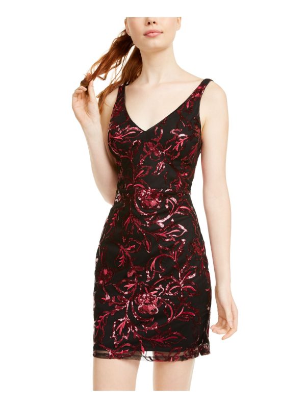 SEQUIN HEARTS Womens Sequined Printed Sleeveless V Neck Short Cocktail Body Con Dress Online Sale