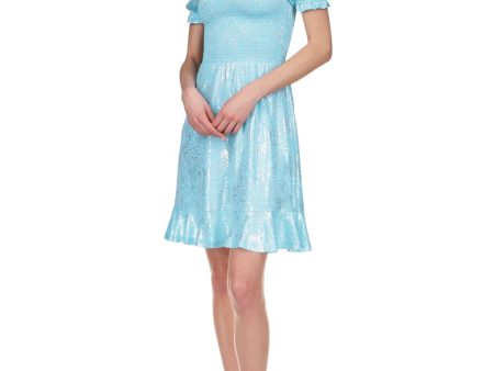 MICHAEL MICHAEL KORS Womens Aqua Metallic Unlined Ruffle Hem Floral Pouf Sleeve Square Neck Above The Knee Evening Peasant Dress Online Sale