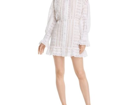 PAPER LONDON Womens White Lace Button Down Long Sleeve Crew Neck Mini Fit + Flare Dress Online Hot Sale