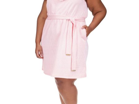 MICHAEL MICHAEL KORS Womens Coral Pocketed Textured Tie Waist Unlined Ruffled Striped Short Sleeve Off Shoulder Above The Knee Sheath Dress Online Sale