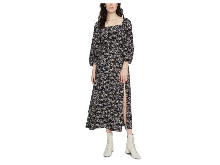 SANCTUARY Womens Black Slitted Smocked Back Floral 3 4 Sleeve Square Neck Maxi Shift Dress For Cheap