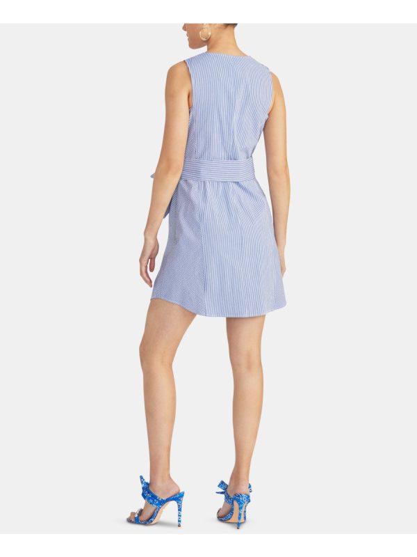 RACHEL RACHEL ROY Womens Blue Cotton Belted Striped Sleeveless V Neck Mini Sheath Dress Online