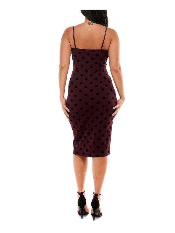 SPEECHLESS Womens Burgundy Slitted Adjustable Straps Velvet Detail Polka Dot Spaghetti Strap Surplice Neckline Knee Length Evening Faux Wrap Dress Online Hot Sale