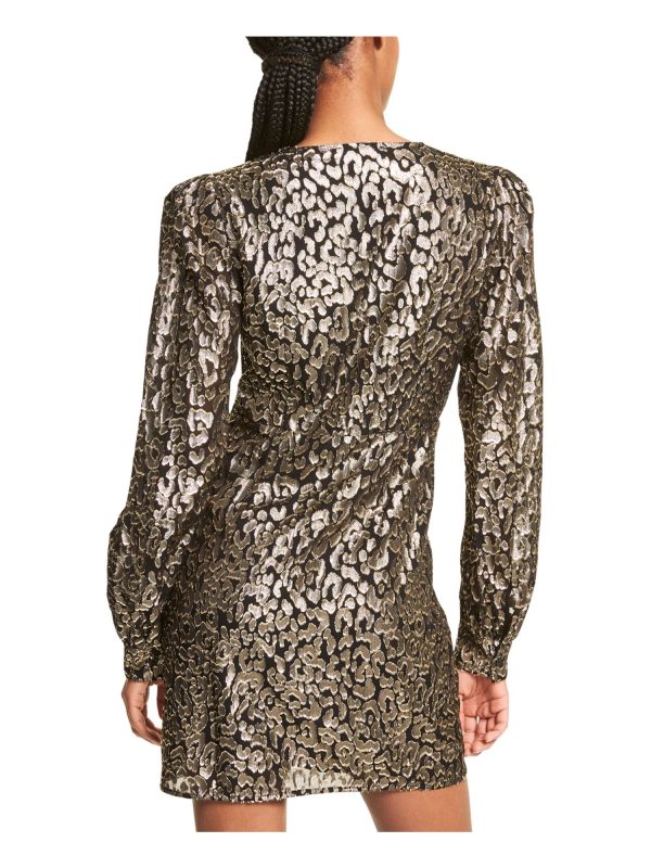 MICHAEL MICHAEL KORS Womens Black Metallic Gathered Buttoned Cuffs Zippered Lined Animal Print Blouson Sleeve V Neck Mini Party Sheath Dress Discount