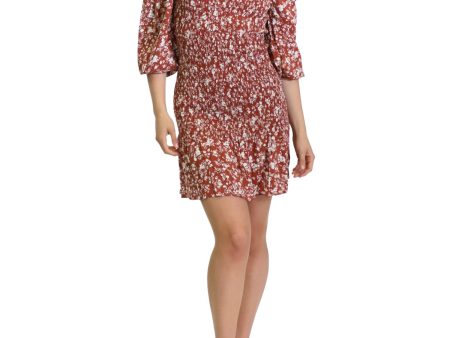 KIT + SKY Womens Brown Stretch Smocked Ruffled Floral 3 4 Sleeve Off Shoulder Mini Party Fit + Flare Dress Fashion