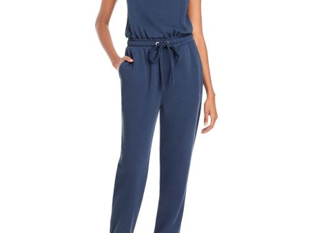 5 A 7 Womens Blue Pocketed Tie Elasticized Cuffs French Terry D Spaghetti Strap Cowl Neck Jumpsuit Discount