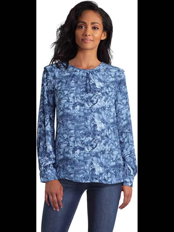 HALSTON Womens Gathered Printed Cuffed Sleeve Jewel Neck Wear To Work Blouse Fashion