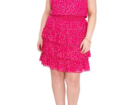 MSK Womens Pink Zippered Smocked Keyhole Back Tiered Skirt Lined Sleeveless Mock Neck Above The Knee Party Fit + Flare Dress on Sale