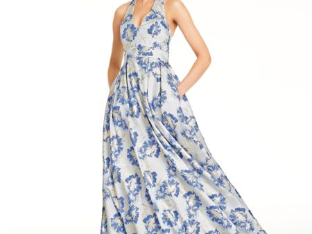 SPEECHLESS Womens Blue Floral Sleeveless V Neck Full-Length Formal Fit + Flare Dress For Discount