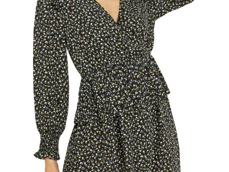 QUIZ Womens Black Ruffled Floral Long Sleeve Surplice Neckline Short Dress For Sale