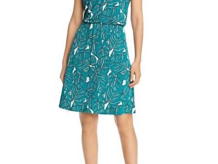 LEOTA Womens Green Jersey Gathered Cinch Tie At Shoulder Printed Sleeveless V Neck Knee Length Sheath Dress For Sale