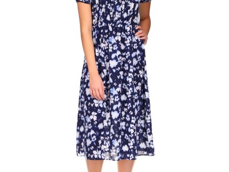 MICHAEL MICHAEL KORS Womens Navy Unlined Zippered Pintuck Bodice Printed Short Sleeve Crew Neck Midi Fit + Flare Dress Supply