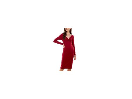 PLANET GOLD Womens Stretch Ruched Long Sleeve V Neck Knee Length Cocktail Sheath Dress Online Hot Sale