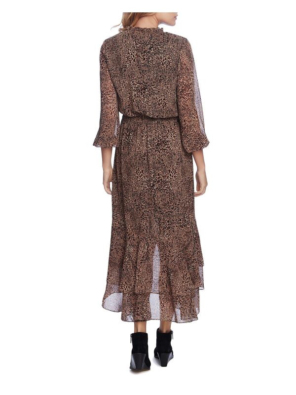 1. STATE Womens Brown Ruffled Smock Waist Animal Print 3 4 Sleeve V Neck Midi Evening Dress Fashion