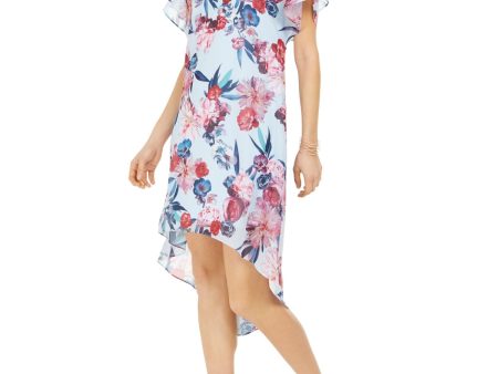 ADRIANNA PAPELL Womens Blue Floral Jewel Neck Tea-Length Hi-Lo Dress Online