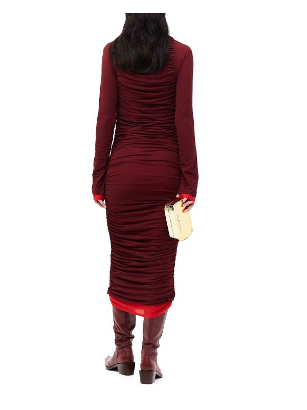 MESH SIMON MILLER Womens Burgundy Ruched Pullover Lined Color Block Long Sleeve Mock Neck Midi Cocktail Body Con Dress Fashion