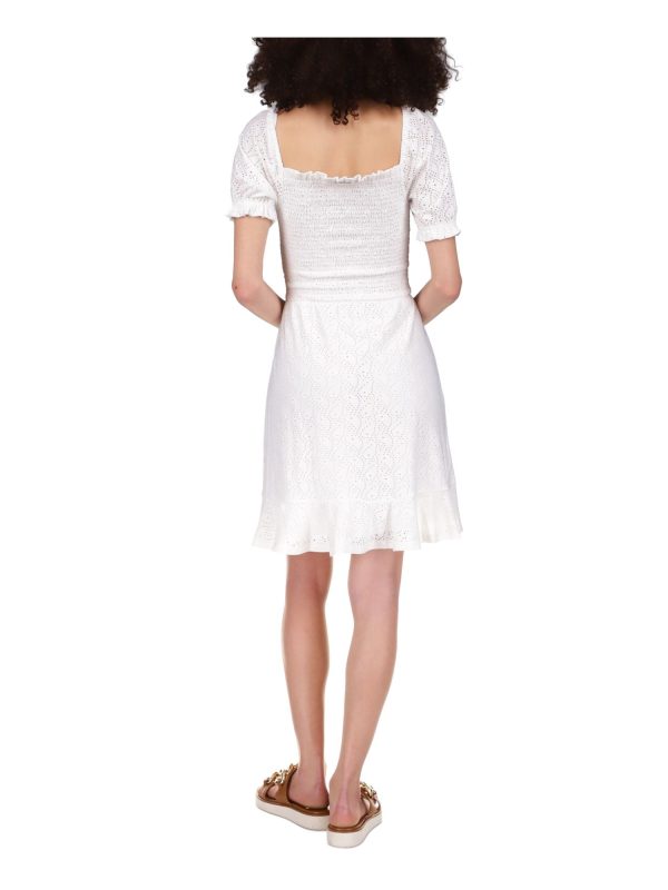 MICHAEL MICHAEL KORS Womens White Eyelet Smocked Peasant Dress Pullover Ruffled Pouf Sleeve Square Neck Above The Knee Dress Online Hot Sale