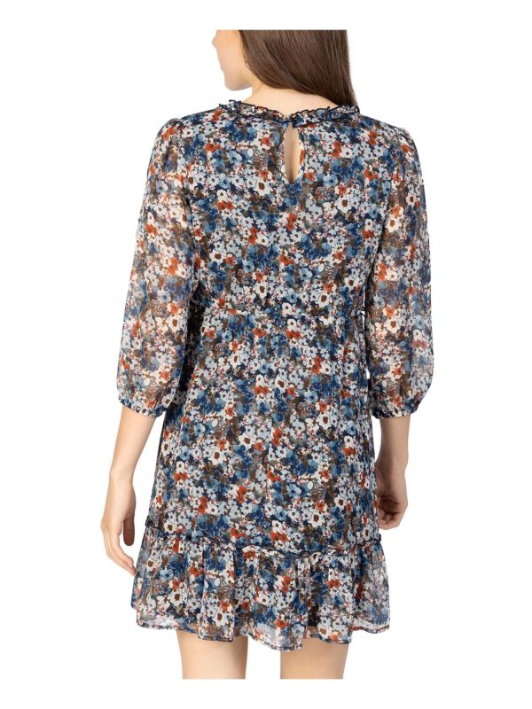 SPEECHLESS Womens Navy Ruffled Sheer Lined Pullover Styling Floral 3 4 Sleeve V Neck Short Evening Shift Dress Online Sale