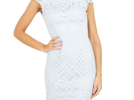 QUIZ Womens Light Blue Lace Cap Sleeve Mock Neck Above The Knee Evening Dress Discount